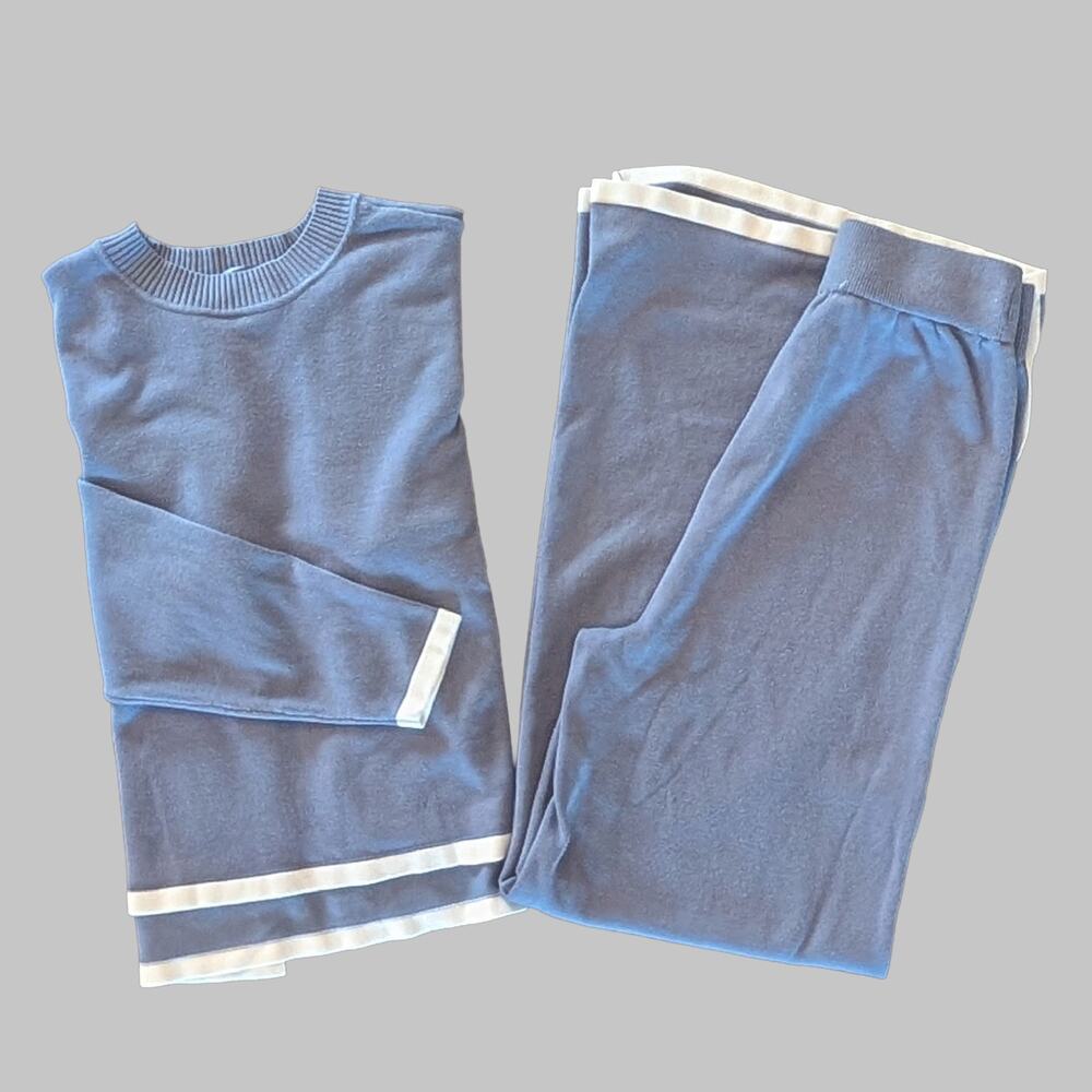 Sincerely Jules Knit Lounge Set Small Blue Contrast Trim Wide Leg Quiet Luxury